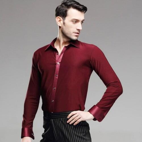 Mens Dancing Shirt Spring and Summer Red Shirt Adult Male Latin Dance Modern Dance Costume Rumba Samba Dancing Suit B-4217