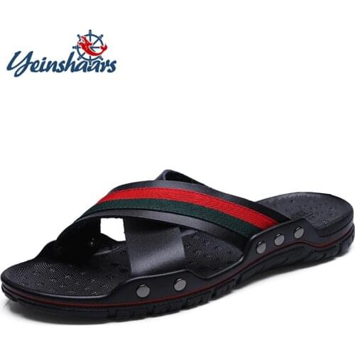 YEINSHAARS Brand 2019 Summer Men Slippers Genuine Leather Cross Strap Beach Water Shoes Men High Quality Slippers Big Size:38-47