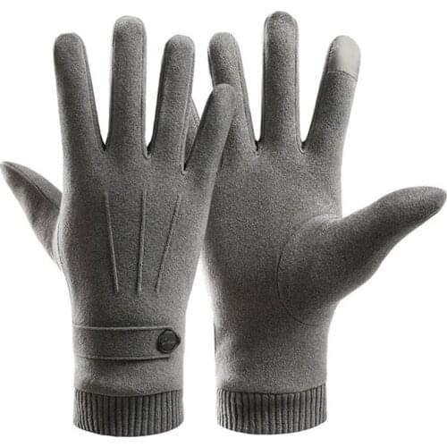 Men Winter Warm Touch Screen Faux Suede Gloves Plush Lining Knit Cuff Mittens H9ED