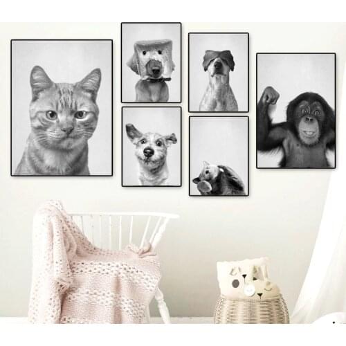 Funny Baby Cat Dog Smiley Face Black White Wall Art Canvas Painting Nordic Posters And Prints Wall Pictures For Kids Room Decor