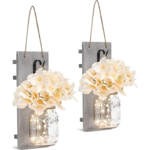 Rustic Wall Sconces-Mason Jars Sconce Home Decor Wrought Iron Hooks Silk Hydrangea and LED Strip Lights Decoration
