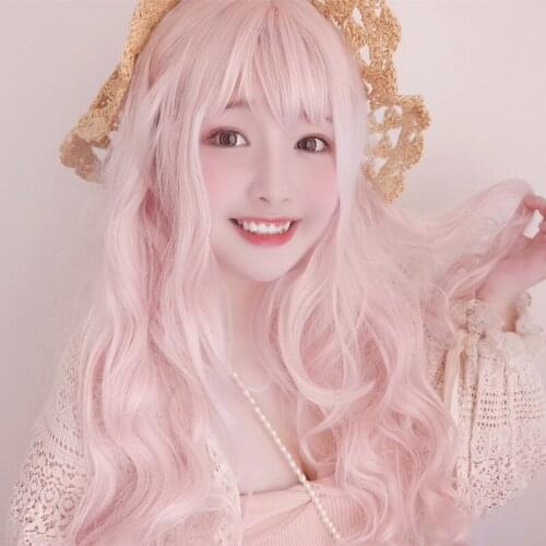 Suitable for Lolita Cosplay Allaosify Synthetic Long Curly Wig with Bangs Pink Blonde Gray Green Water Wave Wigs for Women