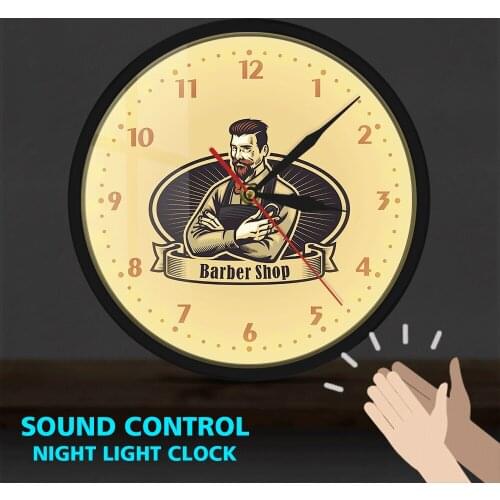 Barber Shop Metal Frame LED Wall Clock Hairdresser Haircut Hanging Beauty Salon Decor Wall Watch Sound Control Hair Stylist Gift