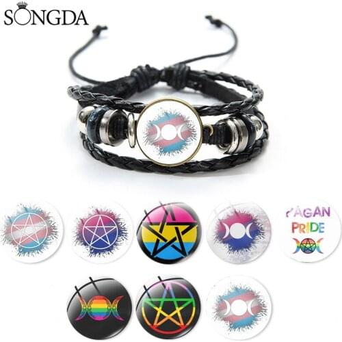 Rainbow Pentacle Pinback Bracelet Glass Cabochon Braided Leather Bracelets Bangles Punk Wrap Leather Wristband Jewelry Gifts