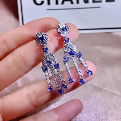 Luxurious ancient Tassels Float natural blue sapphire drop earrings Natural gemstone earrings S925 silver girl gift jewelry