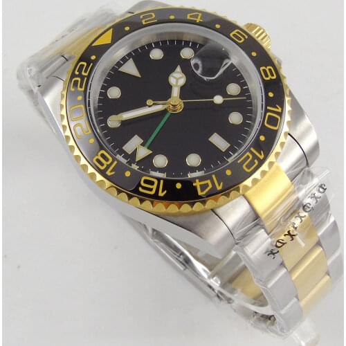 Luxury Green GMT Function Gold Plated Sapphire Crystal Auto Date Mental Strap 40mm Self Winding Watch