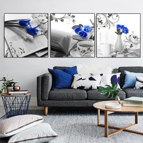 Modern Blue Roses Canvas Painting Black and White Art Posters Prints Wall Pictures Nordic Simplicity Living Room Home Decoration
