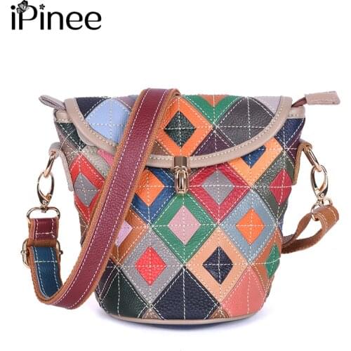 IPinee womens genuine leather handbag patchwork shoulder bag women leather handbags ladies crossbody bags
