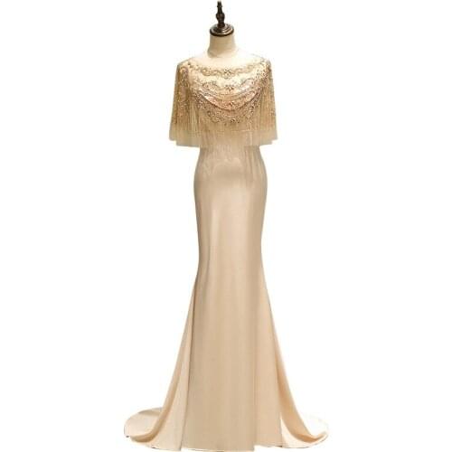 High Quality Scoop Neck Tassels Beading Fishtail Mermaid Evening Dresses Long Abendkleider Vestido de noche Robe de soiree 63689