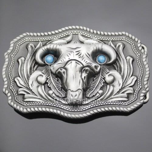 Western Vintage Silver Plated Baphomet Ram Skull Horn Sheep Turquoise Feather Belt Buckle Exchange Jewelry New Dropshipping