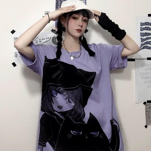Anime Print Women Harajuku T Shirt Cute Tshirt for Ladies Graphic Purple Tee Tops Summer Korean Style Ulzzang 90s Kawaii Clothes