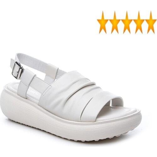 Women Genuine Leather Casual New Black White Shoes Summer Outside Pleated Open Toe Buckle Strap Heighten Platform Wedges Sandals