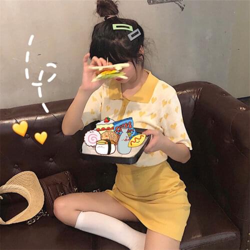 Women Two Pieces] Summer Sweet Two-piece Love Polo Collar Top + High Waist Bag Hip Skirt Suit
