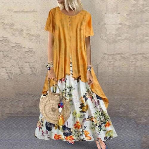 Women Sundress Long Maxi Dresses Female Summer Casual Dress Floral Print Breathable Linen Blend Pacthwork Long Dress for Holiday