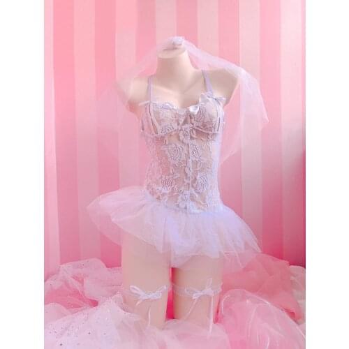 Sexy Hanayome Bride Wedding Style Womens Mesh White Transparent Dress Princess 6PCS SET Veil& Gloves & Panties Exotic Apparel