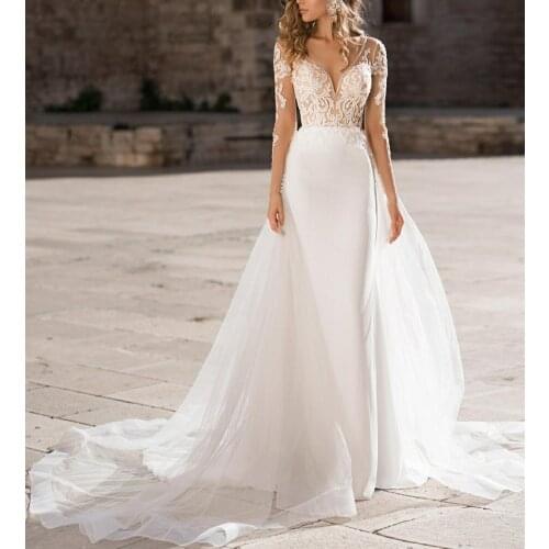Elegant Long Sleeve Lace Wedding Dresses A-Line Tulle Illusion Back Court Train Robes De Mariée Bridal Gown For Women