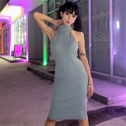 Spring Autumn Women Sexy Halter High Collar Backless Knitted Dress Fashion Sleeveless Solid Color Clothing