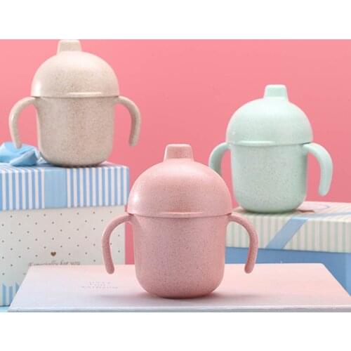 1Pcs Baby Sippy Cups with Handle Solid Color Leakproof Wheat Straw Style Baby Drinking Cups Protable Cute Baby Drinkware