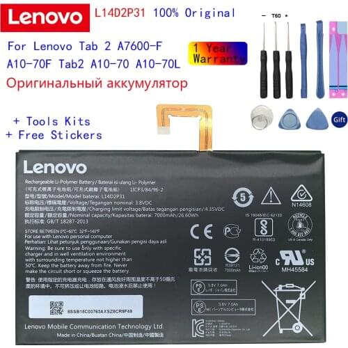 3.8V 7000mAh 26.6Wh Original Lenovo L14D2P31 Battery For Lenovo Tab 2 A7600-F A10-70F Tab2 A10-70 A10-70L Battery + Tools