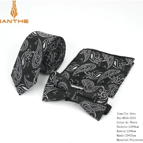 3 PCS Men NeckTie Set Bowtie Slim Necktie high quality Narrow Skinny Ties For Men Tie Suits Handkerchief Pocket Square Suit Set