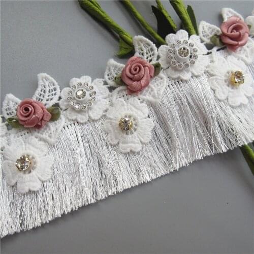 50cm/Lot White Fringe Tassel Lace Trim Diamond Flower Embroidered Ribbon Fabric Sewing Craft Dress Garment Curtain Decoration