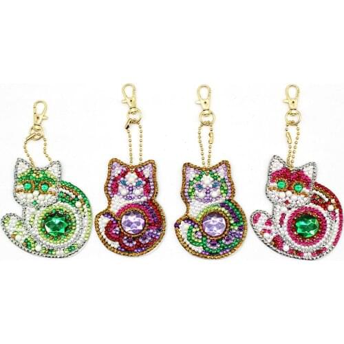 4pcs Cat DIY Full Drill Special Shaped Diamond Painting Keychain Pendant Woman Girl Jewelry Keyring Cross Stitch Christmas Gift