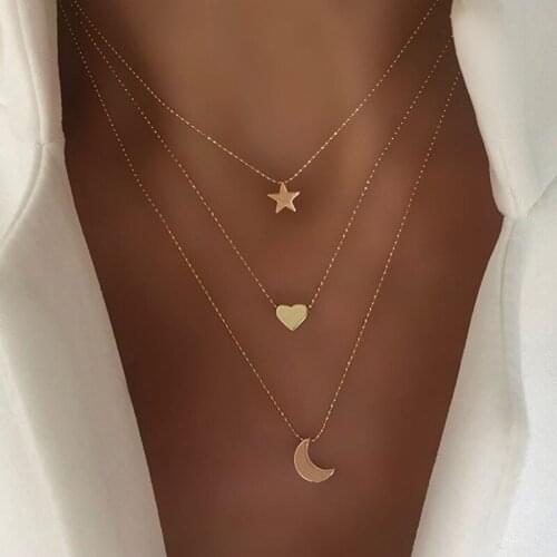 YADA Gold Color Pentagram Star&Moon Chain Presents&Necklace For Women Alloy layers Necklaces Statement Jewelry Necklace SE200046