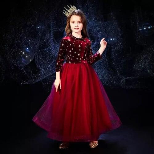 Flower Girl Dresses Illusion Sequined Full O-Neck Princess Knee-Length Tulle Lace Luxury Burgundy Lovely Kids Party Gown H459
