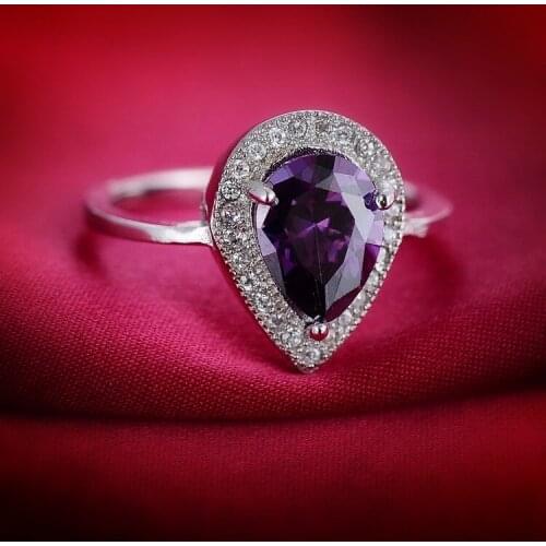 Elegant 925 Sterling Silver Purple Water Drop Crystal Rings For Women Fashion Bridal Wedding Anillos Jewelry Nickel Free
