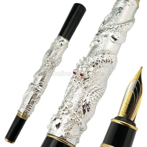 Jinhao Metal Brilliant Silver Oriental Dragon Carving Embossing Medium Nib Heavy Fountain Pen Office School Gift Pen