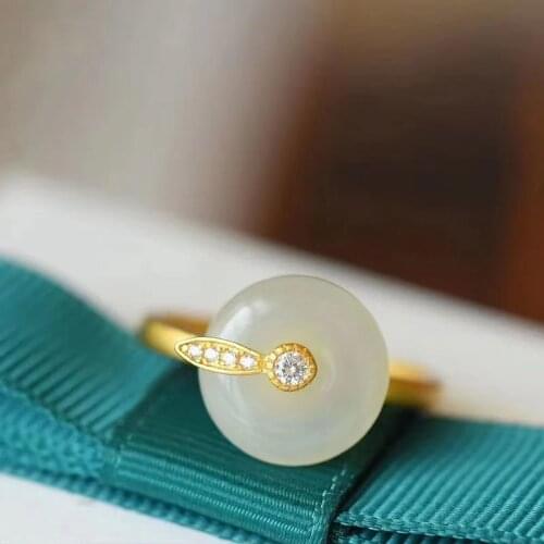 Classical Elegant Natural Hetian Jade Peace Buckle Ring Sterling Silver Mosaic Jade Finger Ring Simple Fashion Ring Ornament