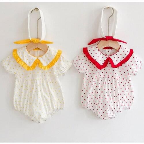 Cute Newborn Baby Girls Clothes Summer Rompers Doll collar Dots Short Sleeve One Piece Jumpsuit with Headband Cotton Sunsuits