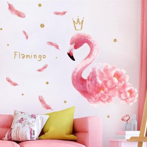 Pink Flamingo Feather Wall Stickers Diy Self-adhesive Girl Room Bedroom Home Decor