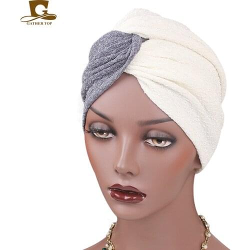 New double color Twist Pleated Hair Wrap Stretch Turban chemo cap Cancer Hat Hairband Head band Wedding patchwork bandanas