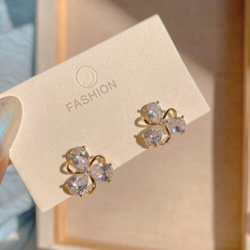 New Crystal Flower Earrings For Women Korean Geometry Metal Gold Earrings Shiny Transparent Zircon Female Earrings 2021 Trend