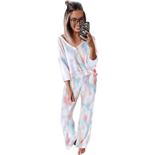 Deep V-neck Dropped Shoulder Tie-dye Pajama Set 2 Two Piece Set Women Casual Long Sleeve Top Pants Loose Women Sets