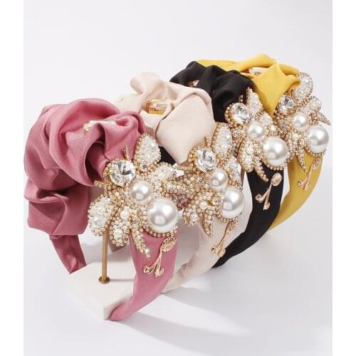 Big Bee Headband Accessories For Women Simulated Pearls Hairbands Satin with Glass Rhinestone Hair Band Luxury Lady Headdress