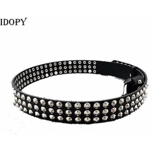 Idopy Men`s Punk Studded Genuine Leather Belt Black Party Cosplay Costume Rivet Real Leather Belt Waistband For Male
