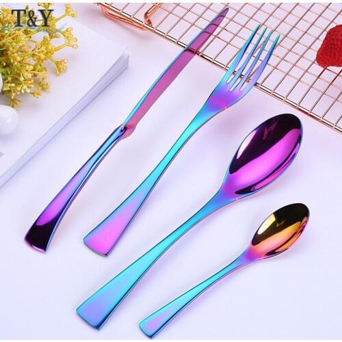 T&Y Sets of 2 (8pcs) Kaya Rainbow Color Stainless Steel Heavy Duty Tableware Cutlery Set - Knife, Fork, Spoon, Teaspoon Sets