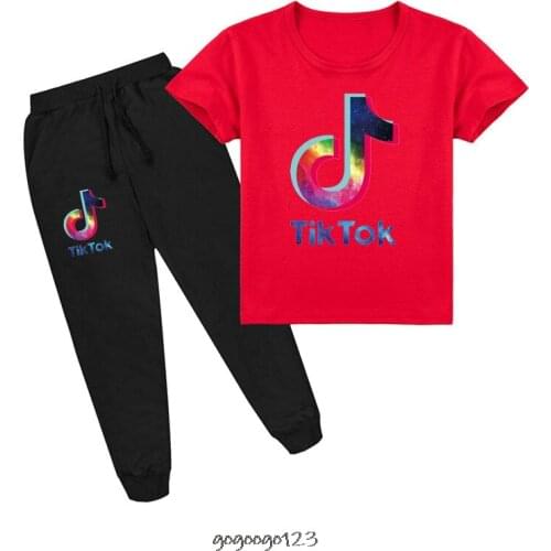 Tik Tok New Cotton Baby Clothing Fashion Casual Tik Tok Pattern Childrens 1-10 Years Old T-shirt + Trousers Two Pieces
