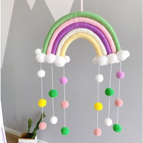 Room Decoration Handmade Woven Cotton Rope Rainbow Hanging Decoration Wall Hanging Decor With Felt Ball Photo Props