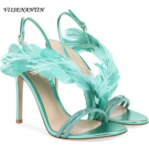 Feather Party High Heels Women Round Head Stiletto Heels All-match Sexy Blue Sheepskin Rhinestone One Word Sandals Women