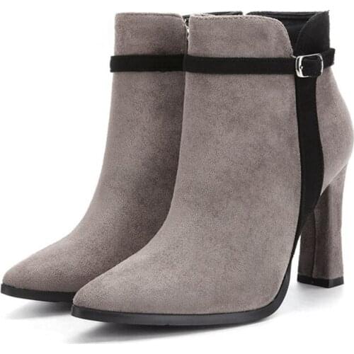 2020 Autumn And Winter New Suede Pointed Toe Womens Short Boots Thick Heel High Heels Belt Buckle Color Matching Ankle Boots