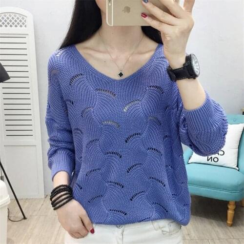2021 Spring Autumn New Hollow Out Thin Sweater Womens Striped Sweater Long Sleeve Loose Pullover Tricot V-Neck Female Clothing