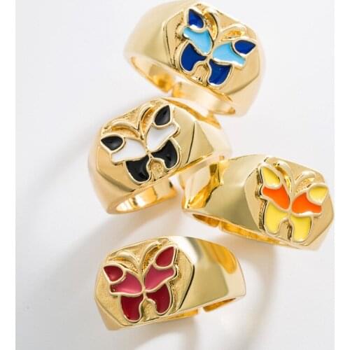 Minar Personality Contrast Color Enamel Rings for Women Gold Color Copper Butterfly Wide Chunky Ring Statement Accessories 2021