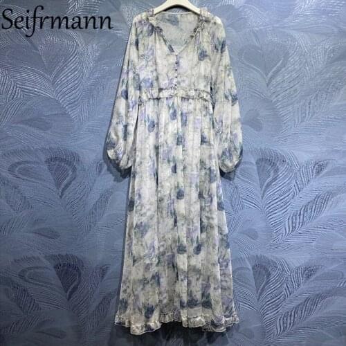 Seifrmann New 2021 Summer Women Fashion Runway Beach Holiday Long Dress Lantern Sleeve High Waist Ruffles Floral Printed Dresses