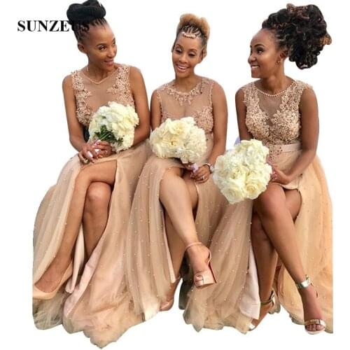 2020 African Bridesmaid Dresses Champagne Tulle Illusion Bodice Appliques Women Party Dress For Wedding Luxury Pearls Gowns robe