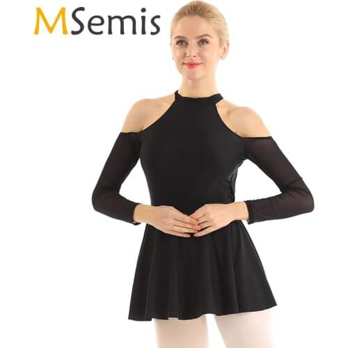 Ballet leotard Women ballerina Gymnastics Dress High Neck Cut Out Shoulder Long Sleeves Mesh Splice Back Ballet Dance Leotards