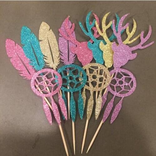 Glitter Boho Stag Head, Feather, Dream Catcher baby shower first Birthday Cupcake Toppers Christening baptism food picks
