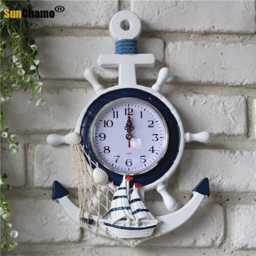 Mediterranean Style Blue White Rudder Anchor Watch Electronic Table Personality Wall Clock Decor Home Decoration Accessories